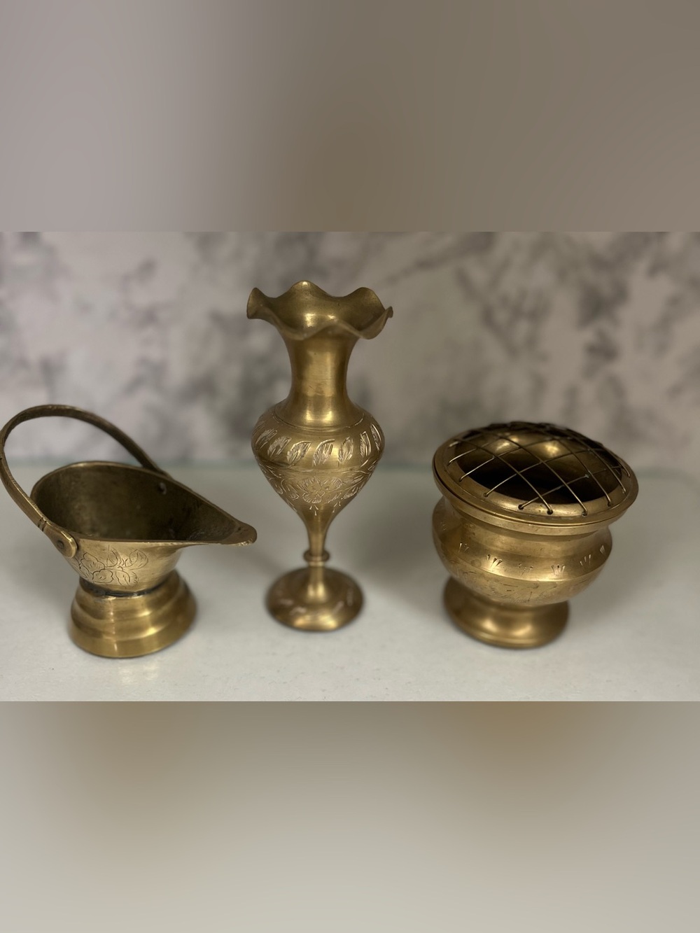 Vintage Etched Brass Decor Set - Bud Vase, Flower Frog, Mini  Coal Scuttle Pail